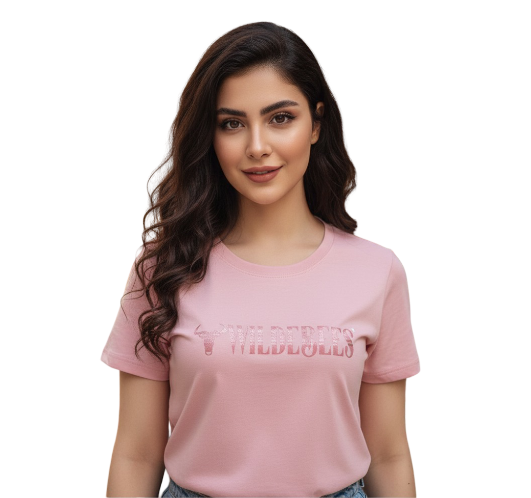 WIL351-1 WILDEBEES/LADY TSHIRT PEARL SHIMMER WLA083 GLAM SLOGAN - Image 1