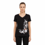 WILDEBEES/LADY VNECK TOP BLACK WLA100 FLORAL FILAGREE