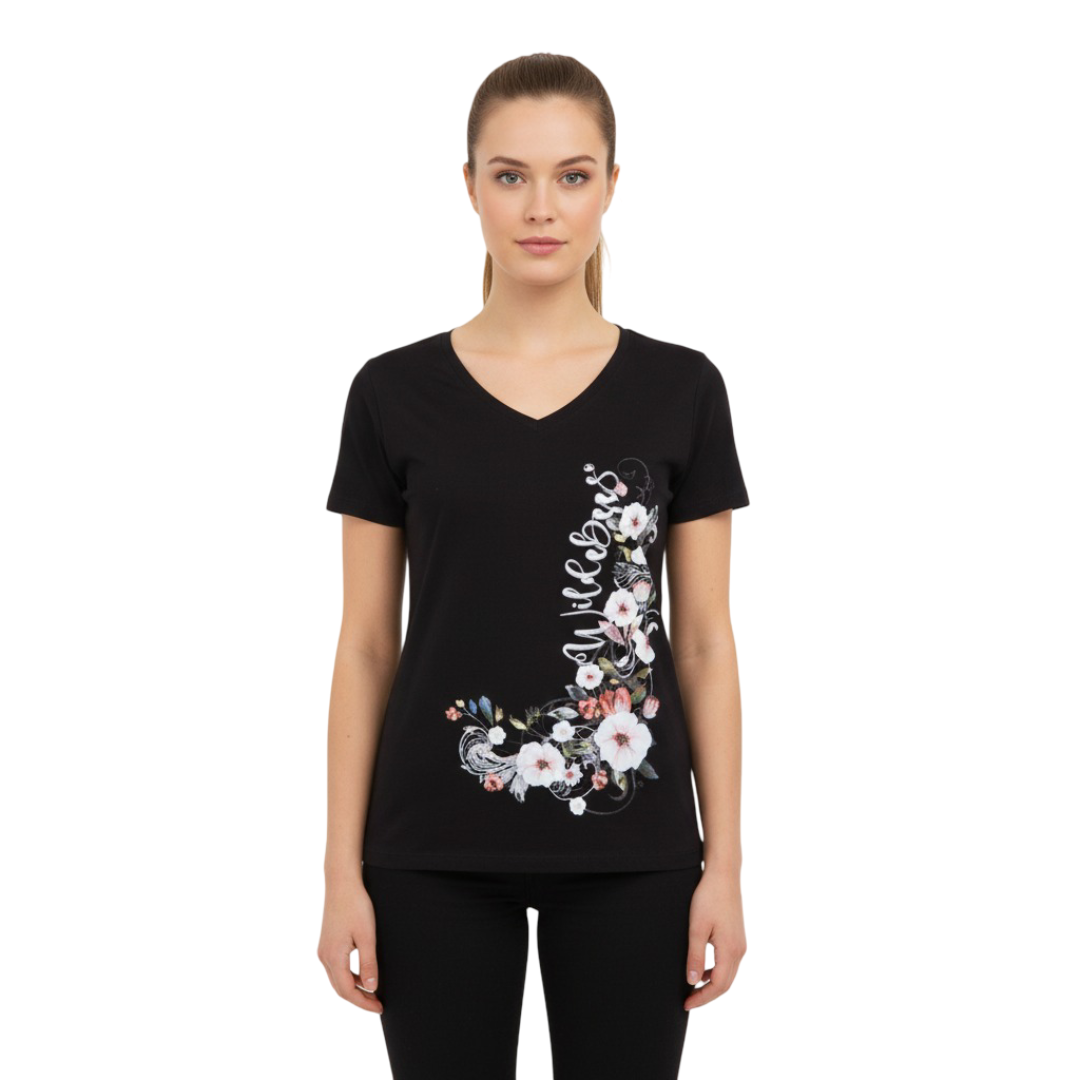 WIL354-1 WILDEBEES/LADY VNECK TOP BLACK WLA100 FLORAL FILAGREE - Image 1