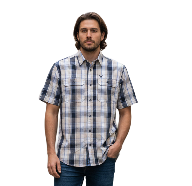 WIL363-1 WILDEBEES/SHIRT NAVY WHITE STONE BLUE WMA087 CHECK - Image 1