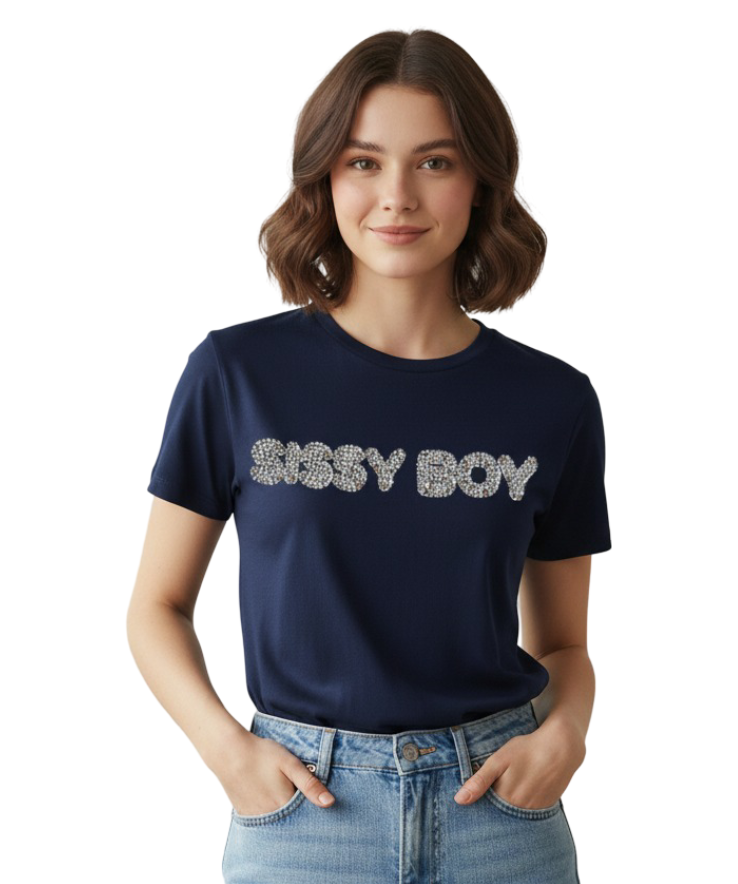 SI1354-1 SISSYBOY/TSHIRT NAVY T32850 WITH PINK AND PEARL TRANSFER - Image 1