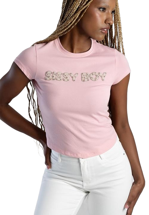 SI1355-1 SISSYBOY/TSHIRT PALE PINK T32850 WITH PINK AND PEARL TRANSFER - Image 1